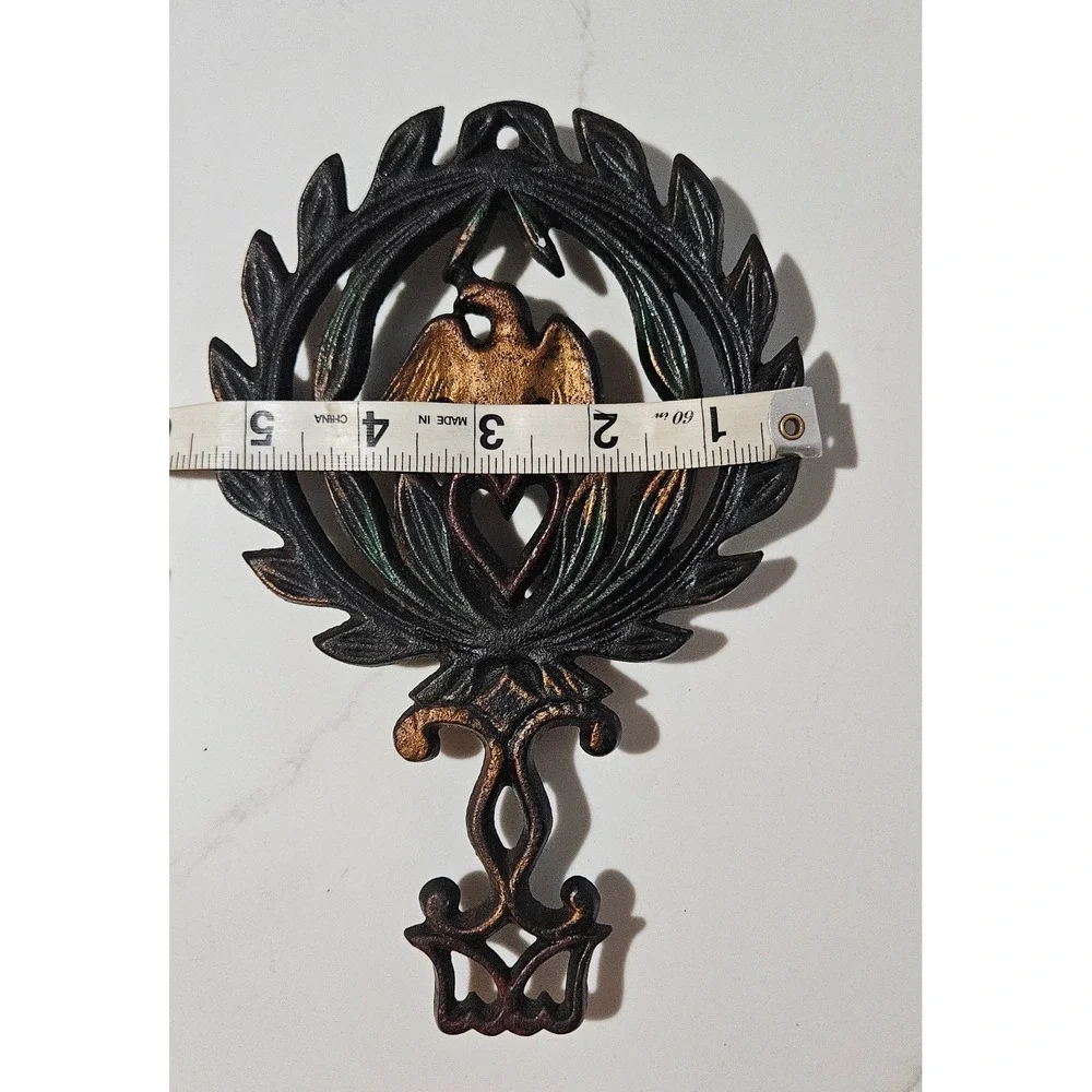 Vintage Cast Iron Trivet Eagle Heart Laurel Wreath Black Gold Red